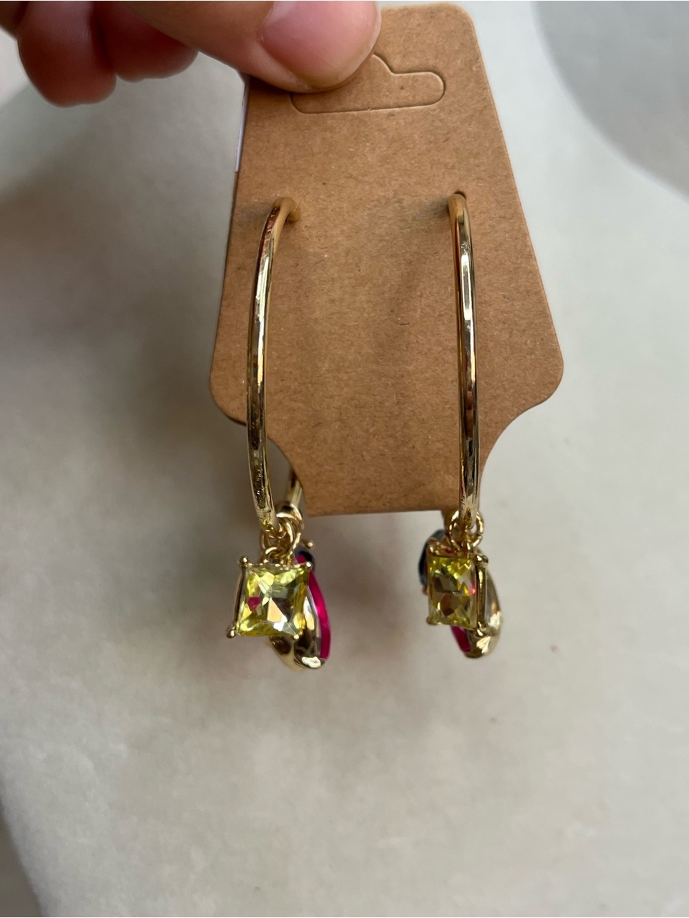 Fun dangle large rhinestone multicolor gold tone hoop earrings 1.5”